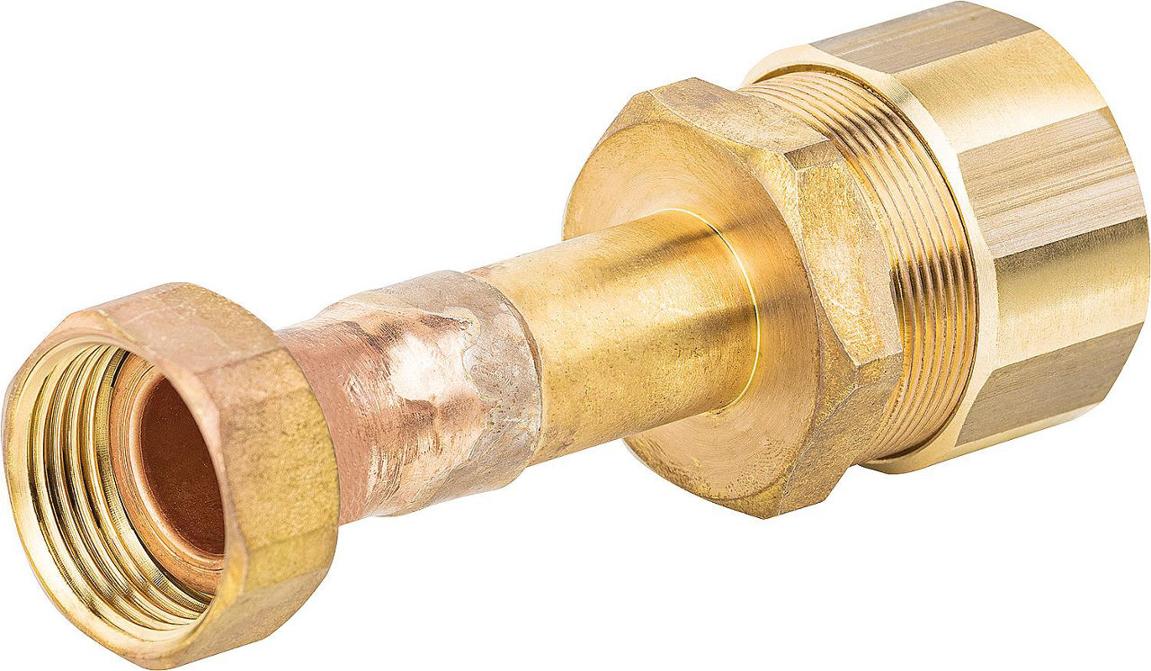 Verschraubung für Spiralrohr DN25x1" IG-ÜWM, Messing, mit Graphit Hochtemperaturdichtung Verschraubung für Spiralrohr DN25x1" IG-ÜWM, Messing, mit Graphit Hochtemperaturdichtung