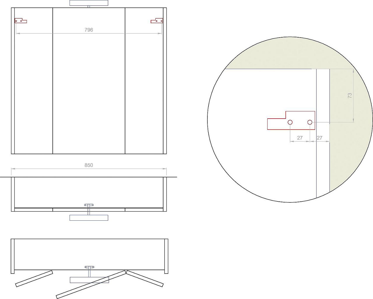 Spiegelschrank mit Beleuchtung Hanf Ulme, 3 Türen 850x750x188mm