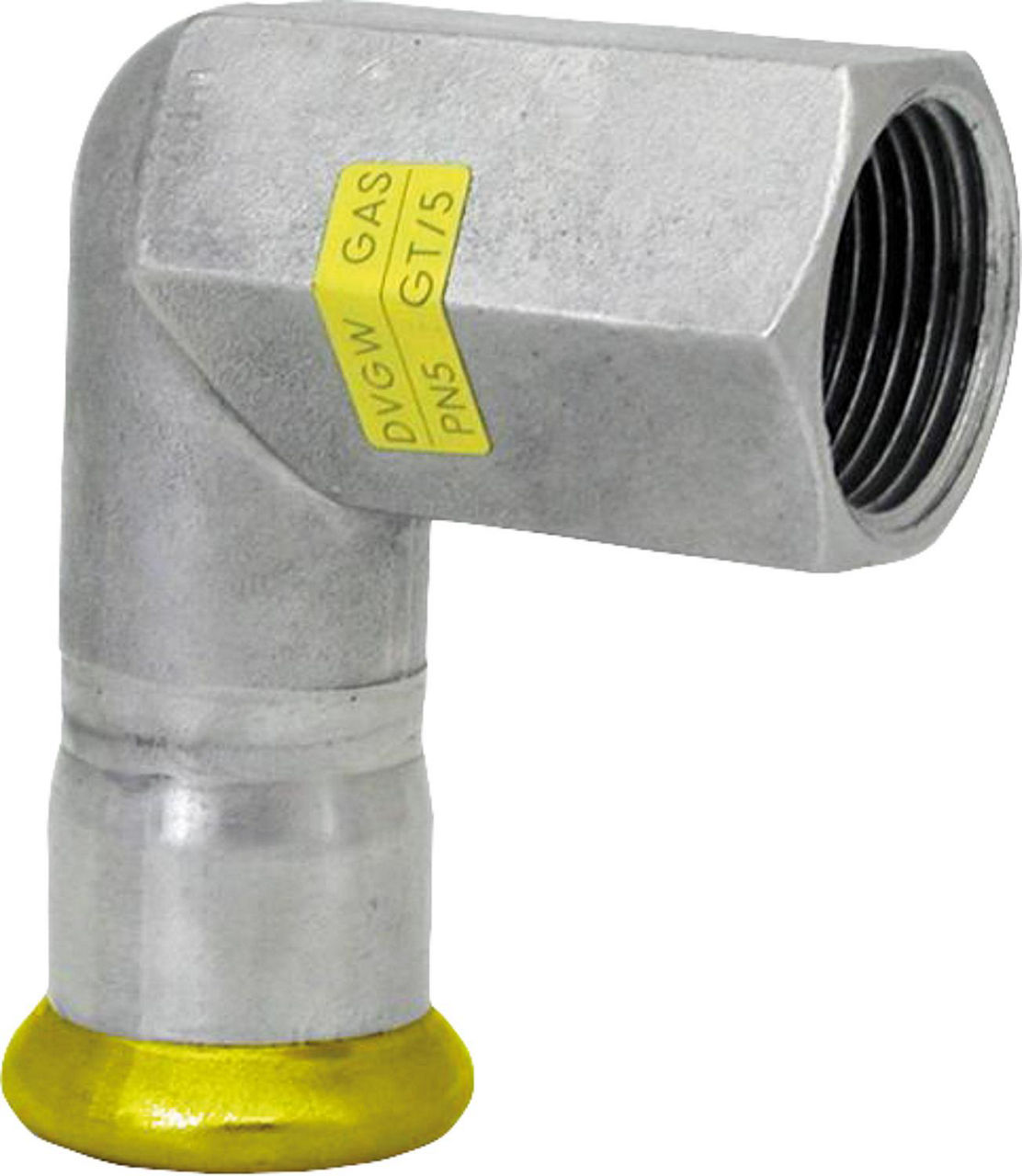 Edelstahl Pressfitting Gas Übergangswinkel 90° mit IG, 18 x 1/2, M-Kontur Edelstahl Pressfitting Gas Übergangswinkel 90° mit IG, 18 x 1/2, M-Kontur