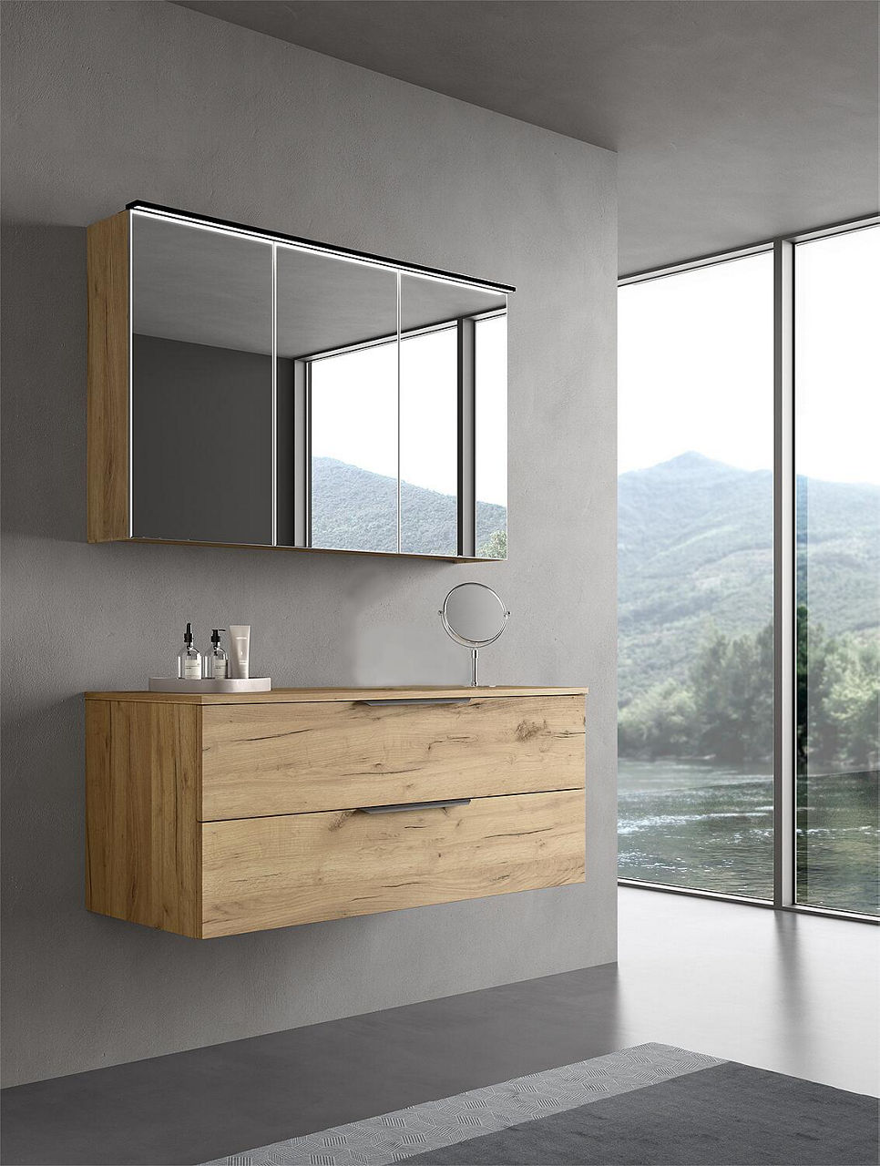 Badmöbel-Set LOSSA mit LED-Spiegelschrank Asteiche Cortina 2 Auszüge, 1 Siphonausschnitt ohne WT Breite 1200 mm