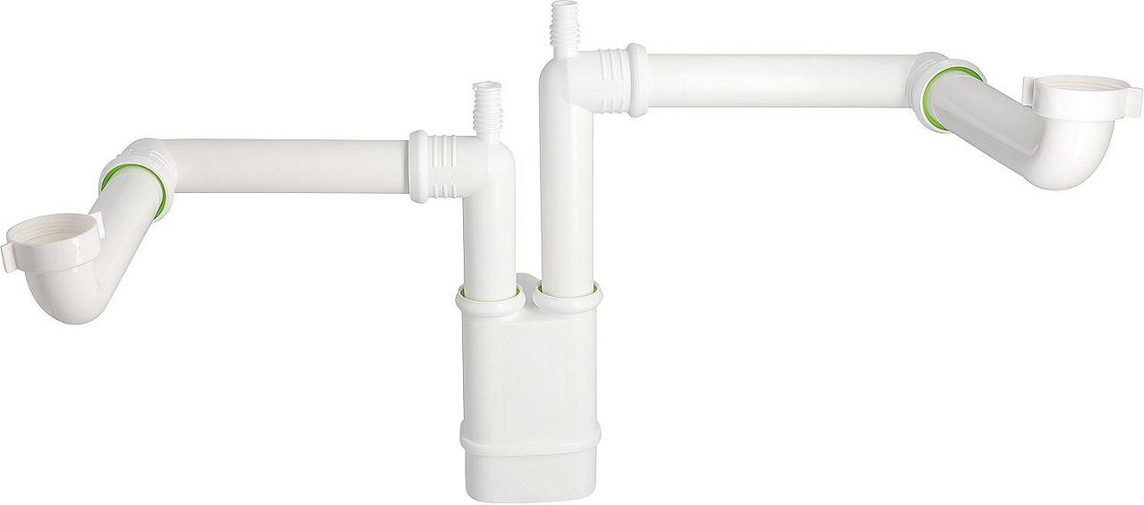 Doppelspülen Raumsparsiphon DN40(1 1/2") x Ø50mm, mit Steckanschlüssen Doppelspülen Raumsparsiphon DN40(1 1/2") x Ø50mm, mit Steckanschlüssen