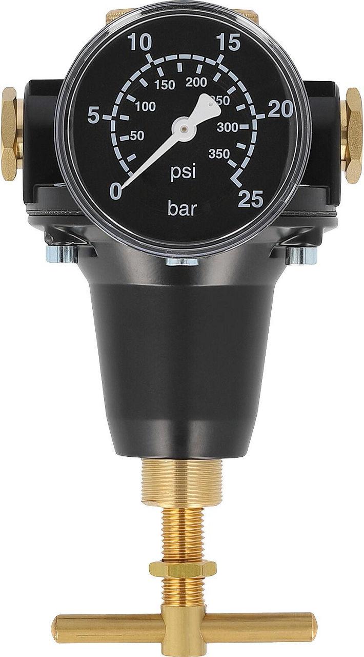 Druckluft-Druckregler G 3/8 + G1/2 Regelbereich/Skala 0,5 - 16/25 Durchfluss 2.670 l/min Druckluft-Druckregler G 3/8 + G1/2 Regelbereich/Skala 0,5 - 16/25 Durchfluss 2.670 l/min