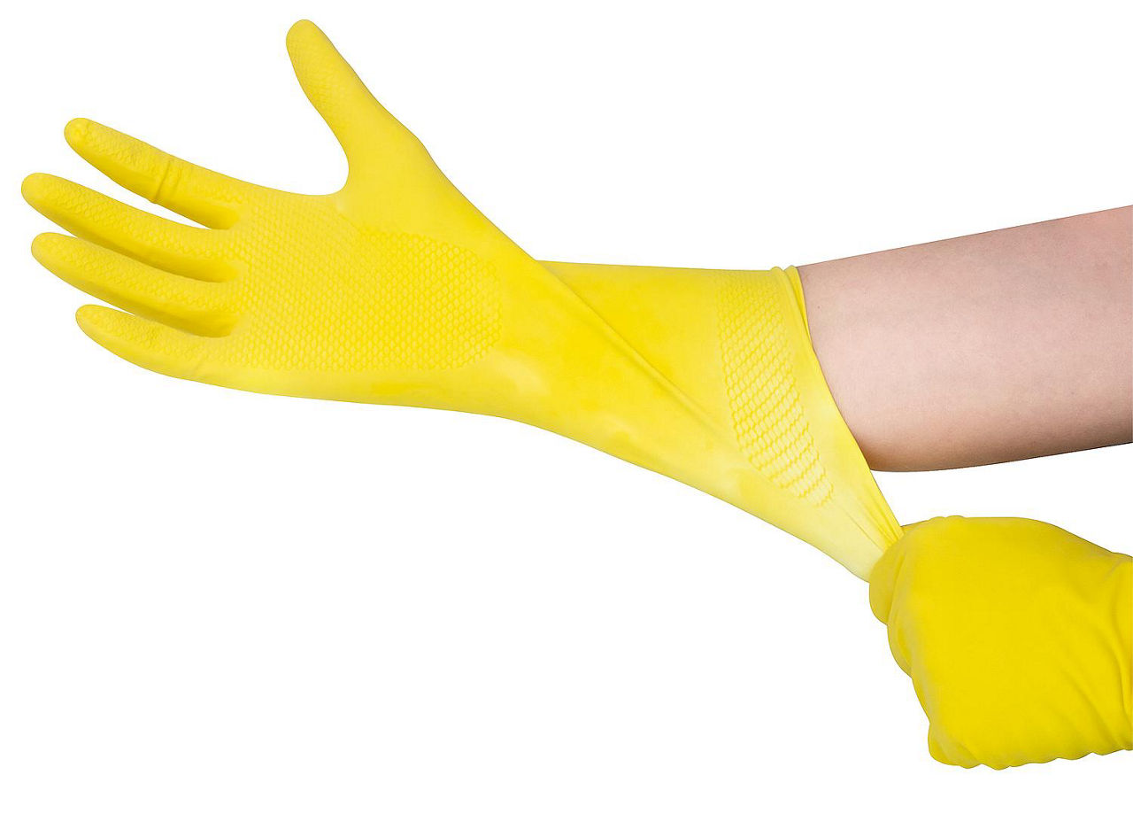Reinigungshandschuh Natur-Latex, lebensmittelecht, L 30 cm lang, gelb / VPE 12 Paar Reinigungshandschuh Natur-Latex, lebensmittelecht, L 30 cm lang, gelb / VPE 12 Paar