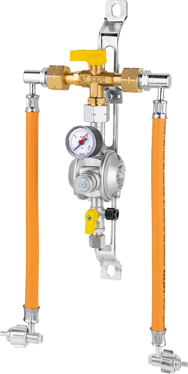 2-Flaschenanlage mit manueller Umschalteinrichtung, PS 16 bar, 1,5 kg/h 50 mbar, KF x RVS 10 2-Flaschenanlage mit manueller Umschalteinrichtung, PS 16 bar, 1,5 kg/h 50 mbar, KF x RVS 10