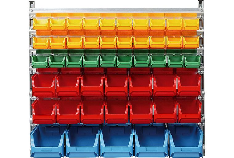 Wandregal mit 49 Kunststoffboxen BxTxH 1130x370x1050mm ProfiPlus Depot>WN 49< Wandregal mit 49 Kunststoffboxen BxTxH 1130x370x1050mm ProfiPlus Depot>WN 49<