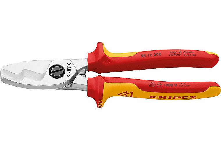 Kabelschere mit Doppelschneide verchromt isoliert zweifarbigen Mehrkomponenten Griffhüllen Länge 200mm VDE Kabelschere mit Doppelschneide verchromt isoliert zweifarbigen Mehrkomponenten Griffhüllen Länge 200mm VDE