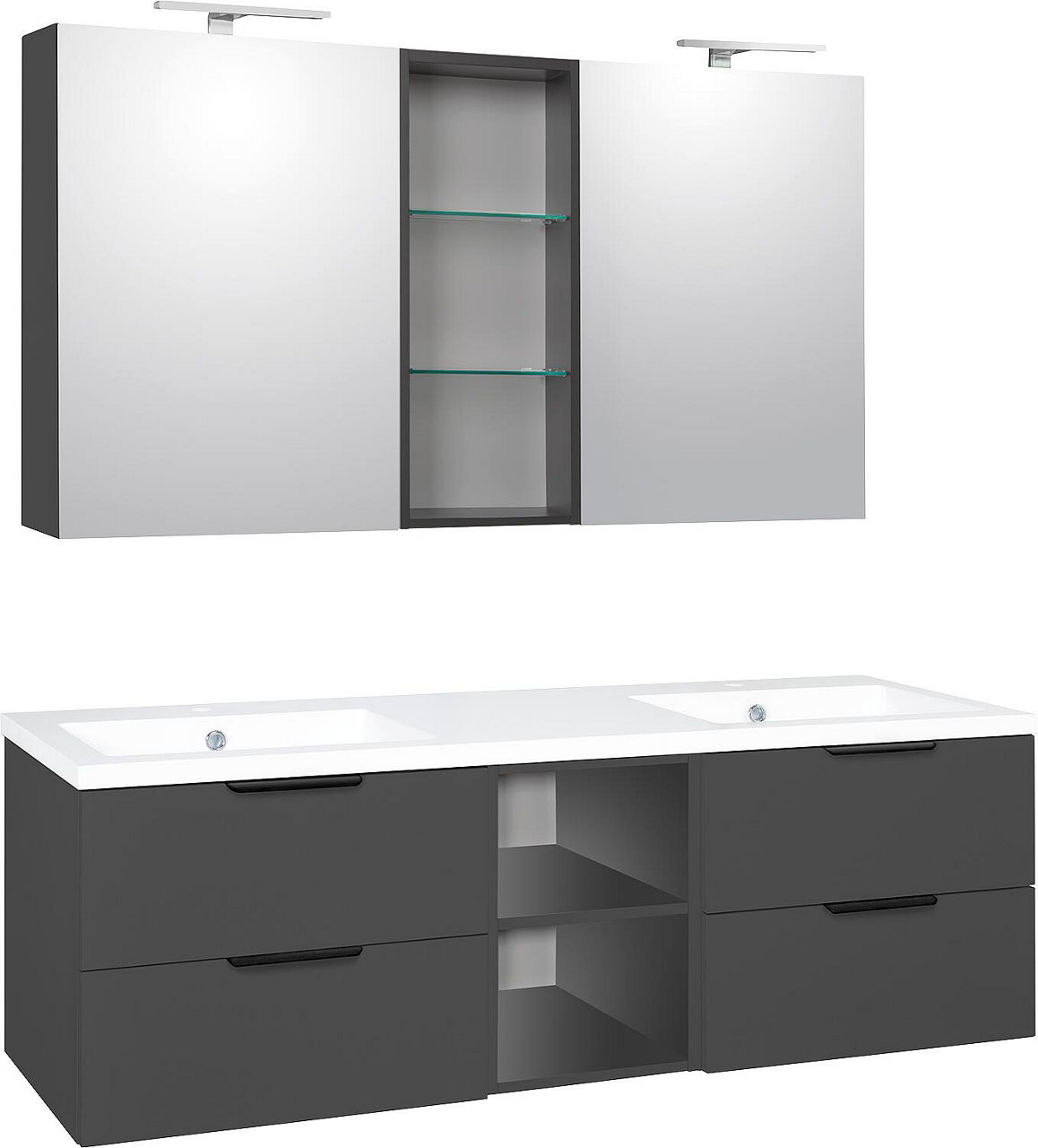 Badmöbel-Set LOSSA mit LED-Spiegelschrank anthrazit matt 4 Auszüge + 2 offene Regale Breite 1550 mm