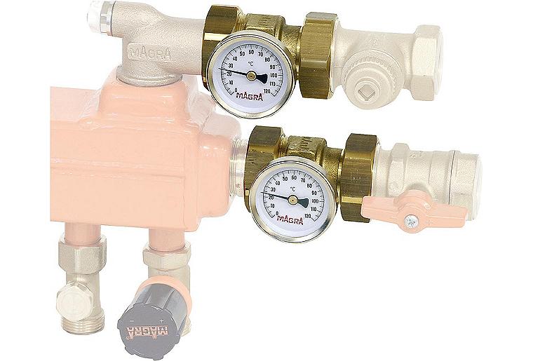 MAGRA Thermometer Paar mit Zwischenstück 1" Skalenring 0-120° MAGRA Thermometer Paar mit Zwischenstück 1" Skalenring 0-120°