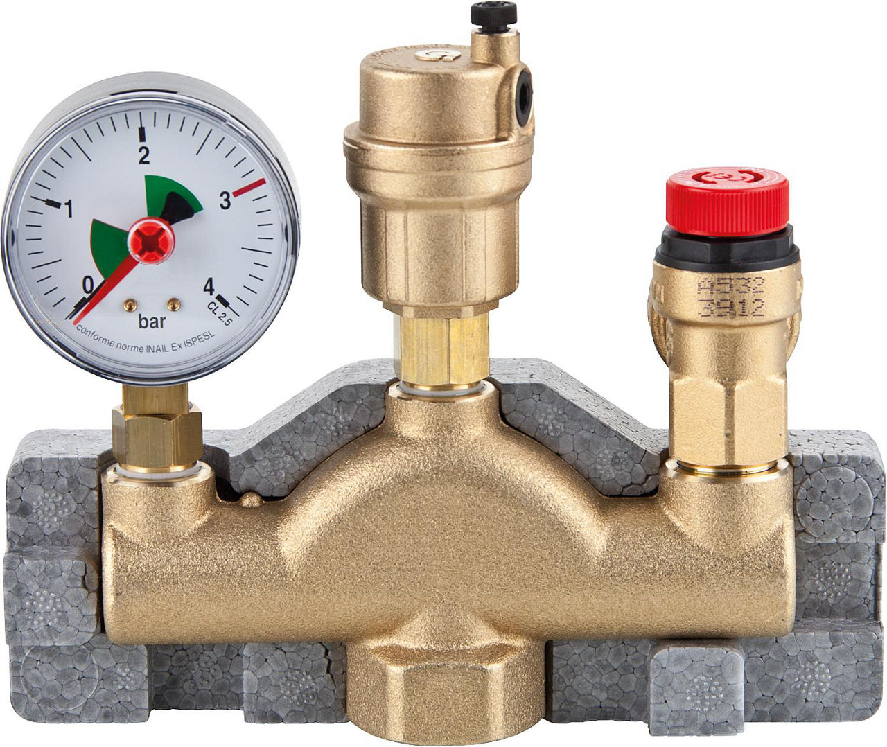 Kesselsicherheitsgruppe bis 100 kW, DN25(1") Messing mit Isolierung, Sicherheitsventil 3 bar Kesselsicherheitsgruppe bis 100 kW, DN25(1") Messing mit Isolierung, Sicherheitsventil 3 bar