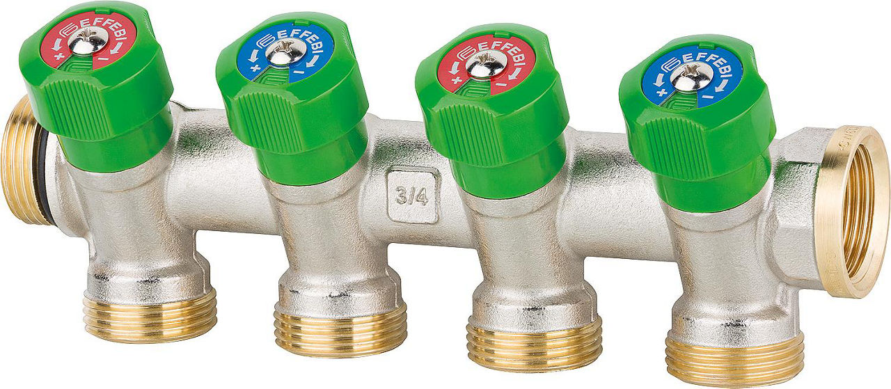 Trinkwasserverteiler 4-fach DN 20 (3/4"), PN16, absperrbar DVGW geprüft, Messing Trinkwasserverteiler 4-fach DN 20 (3/4"), PN16, absperrbar DVGW geprüft, Messing