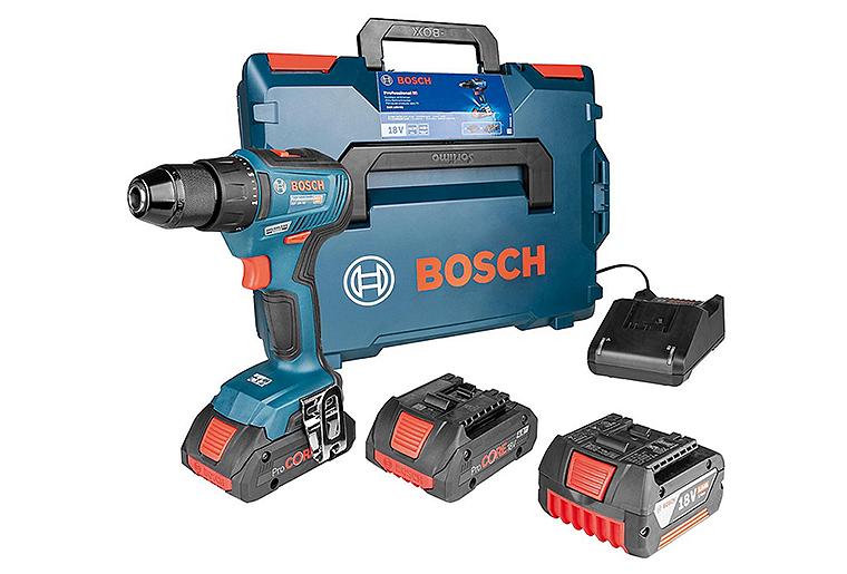 Akku-Set Bosch 18 V bestehend aus Akku-Bohrschrauber GSR 18V-55 mit 2x 4,0 ProCORE Akkus, Ladegerät und Ersatzakku GBA 18V 5,0 AH