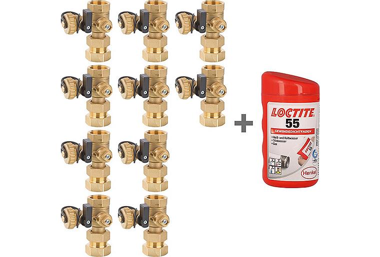 Vorteilspaket 10x Kappenventil Evenes mit Kugelabsperrung DN 20 (3/4") + gratis Gewindedichtfaden LOCTITE 55, 160m Vorteilspaket 10x Kappenventil Evenes mit Kugelabsperrung DN 20 (3/4") + gratis Gewindedichtfaden LOCTITE 55, 160m