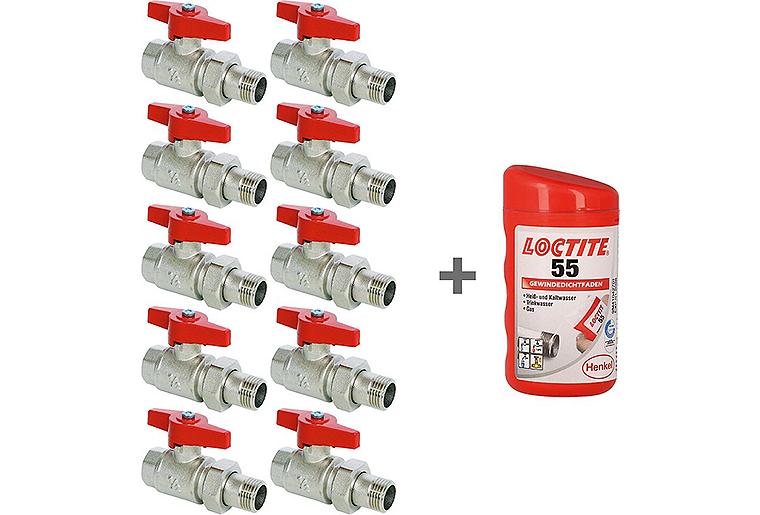 Vorteilspaket 10x Kugelhahn mit Verschraubung Typ 350 R 1" mit Flügelgriff PN10 IGxAG + gratis Gewindedichtfaden LOCTITE 55, 160m Vorteilspaket 10x Kugelhahn mit Verschraubung Typ 350 R 1" mit Flügelgriff PN10 IGxAG + gratis Gewindedichtfaden LOCTITE 55, 160m