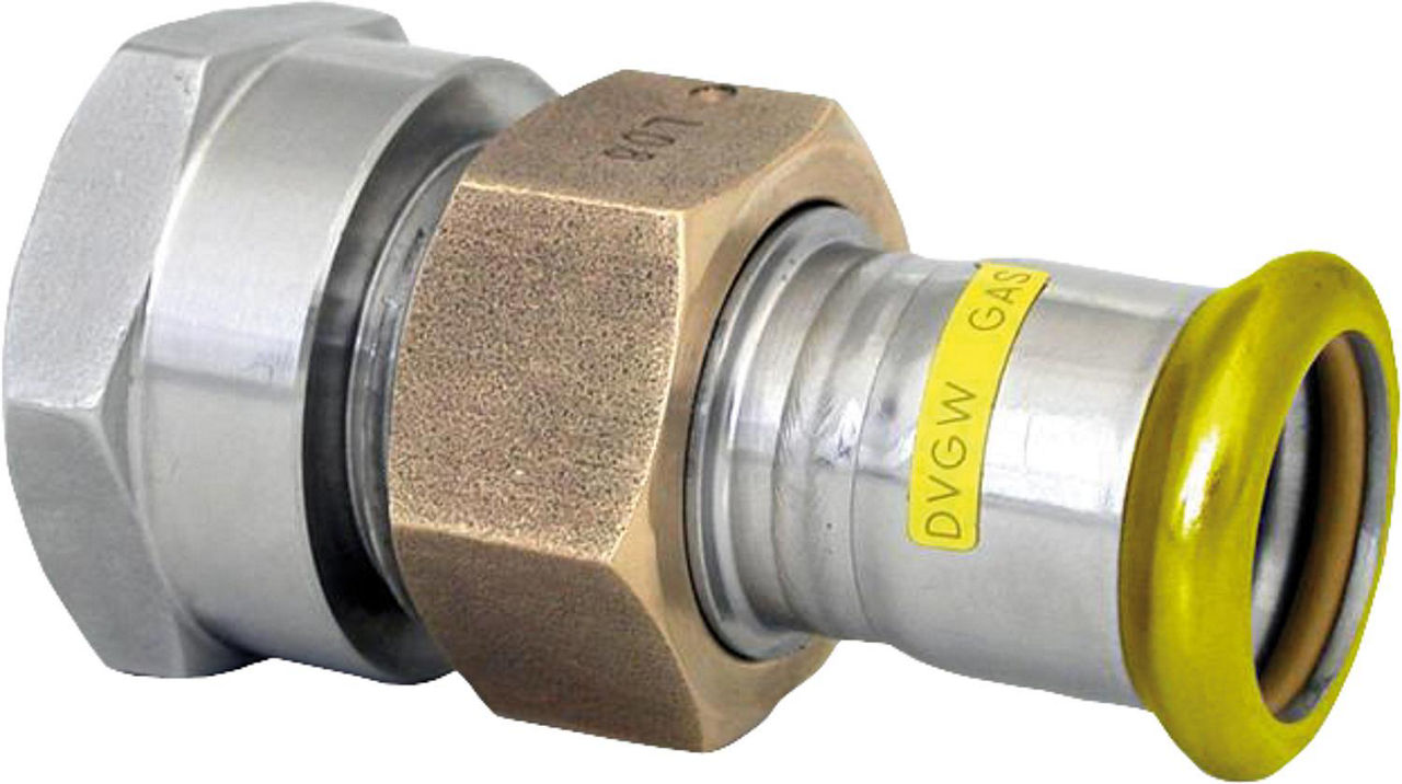 Edelstahl Pressfitting Gas Durchgangsverschraubung mit IG, flachdichtend, 18 x 3/4 M-Kontur