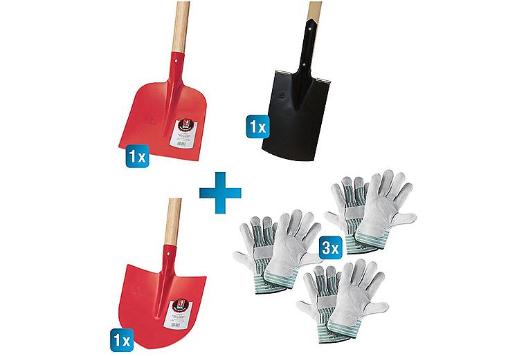 Schaufel-Spaten-Set 6-teilig 2x Schaufel, 1x Spaten, 3x Arbeitshandschuhe (Paar)