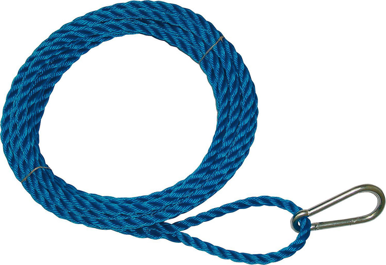 Bau-Aufzugseil, einerseits Öse mit Karabinerhaken, anders. glattes Ende Polypropylen blau, 18 mm, Länge 15 m Bau-Aufzugseil, einerseits Öse mit Karabinerhaken, anders. glattes Ende Polypropylen blau, 18 mm, Länge 15 m