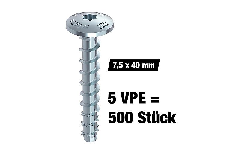Vorteilspaket Beton -und Mauerschraube, Torx®, Multi-Monti® Plus, Flachrundkopf, 7,5 x 40 mm, 500 Stück Vorteilspaket Beton -und Mauerschraube, Torx®, Multi-Monti® Plus, Flachrundkopf, 7,5 x 40 mm, 500 Stück