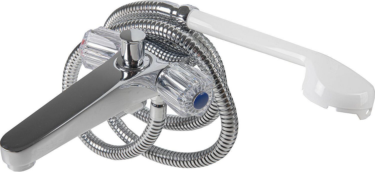 Mischbatterie mit automatischer Durchflussbegrenzung und integrierter Belüftung, Brausschlauch 1500 mm, Handbrause weiß