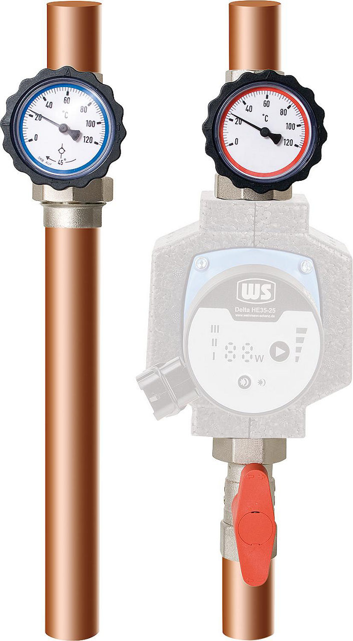 Pumpenabsperr-Set Typ7, DN25(1") mit Überwurfmutter und Thermometer rot/blau