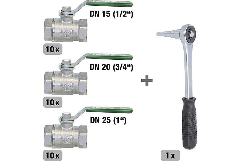 Trinkwasser-Kugelhahn-Set best. aus je 10x 1/2", 3/4" und 1" + 1x Gratis Stufenschlüssel Trinkwasser-Kugelhahn-Set best. aus je 10x 1/2", 3/4" und 1" + 1x Gratis Stufenschlüssel