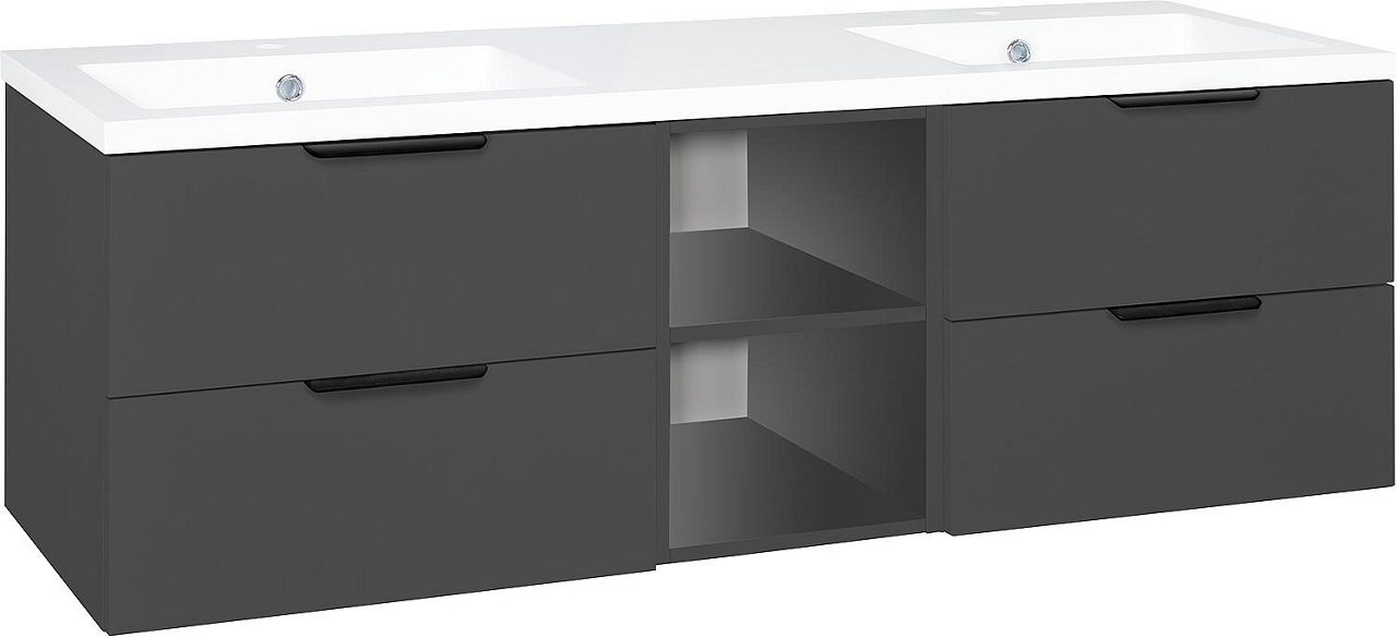 WTU + Mineralguss-WT LOSSA 4 Auszüge + 2 offene Regale anthrazit matt Breite 1550 mm