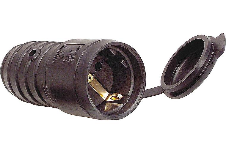 Gummi-Schutzkontaktkupplung schwarz, 10/16A 250V mit Deckel, IP44
