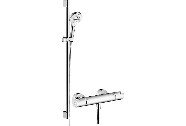 Brausethermostat-Set Hansgrohe Crometta Vario, Ecostat 1001 CL Brausestange 900 mm, Handbrause Ø 100 mm und Brauseschlauch chrom
