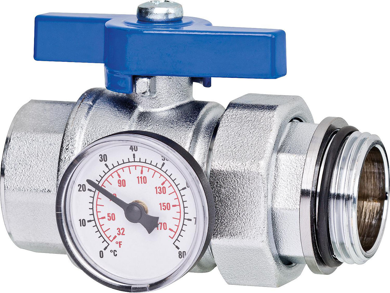 Kugelhahn DN25 (1") mit Verschraubung,Thermometer und Flügelgriff blau Kugelhahn DN25 (1") mit Verschraubung,Thermometer und Flügelgriff blau