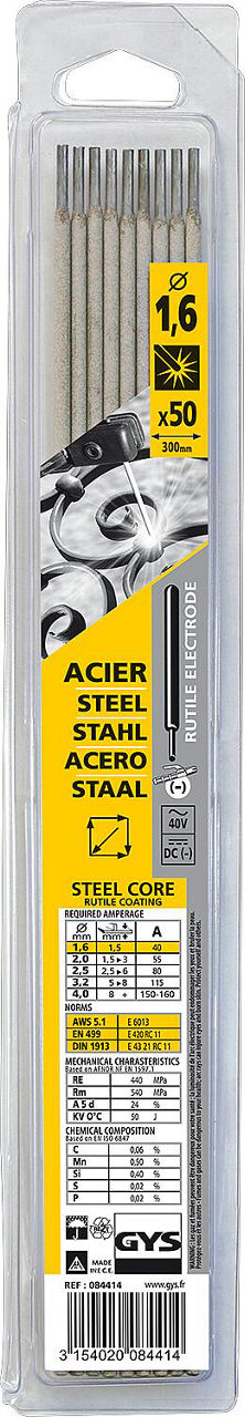 Stabelektrode Ø 1,6 mm für Stahl im Kunststoffblister, VPE = 50 Stück Stabelektrode Ø 1,6 mm für Stahl im Kunststoffblister, VPE = 50 Stück
