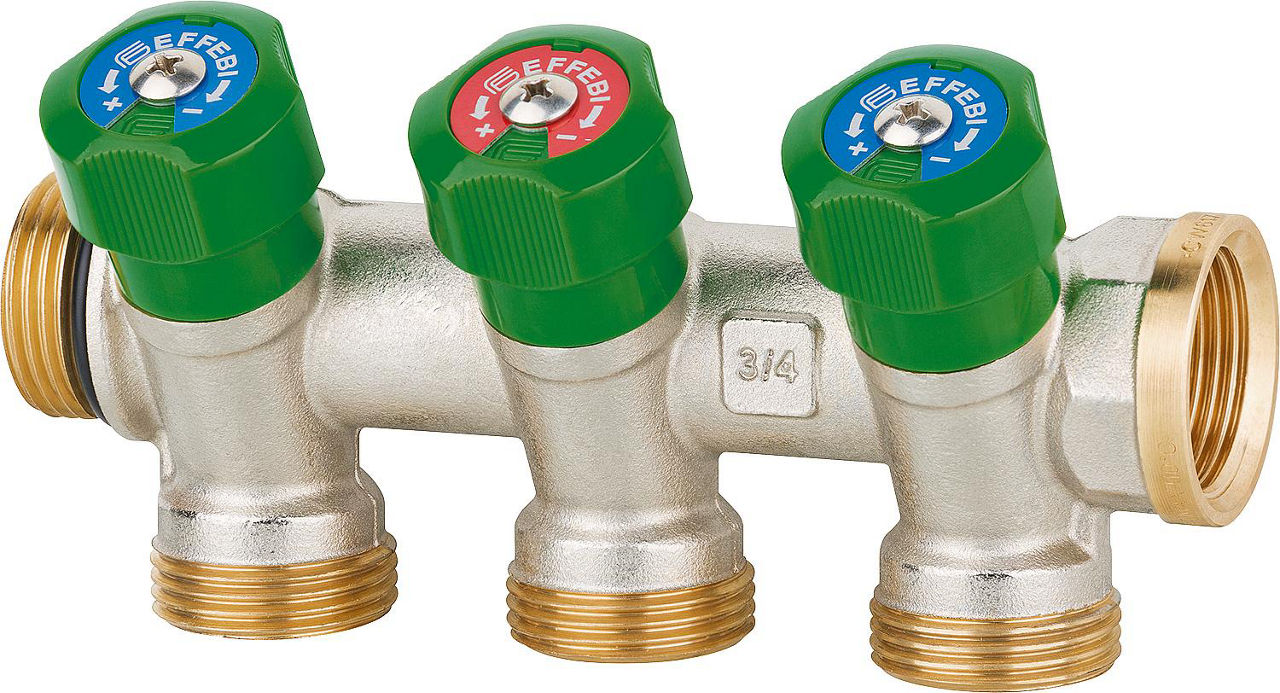 Trinkwasserverteiler 3-fach DN 20 (3/4"), PN16, absperrbar DVGW geprüft, Messing Trinkwasserverteiler 3-fach DN 20 (3/4"), PN16, absperrbar DVGW geprüft, Messing