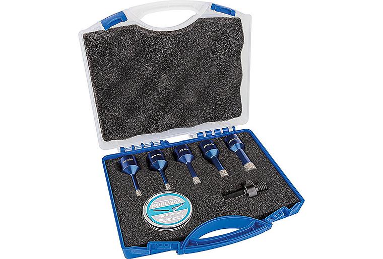 Fliesenbohrkronenset Soldia 5-teilig, Ø 6, 6, 8, 10, 14 mm, Aufnahme M14, trocken integrierter Kühlung Fliesenbohrkronenset Soldia 5-teilig, Ø 6, 6, 8, 10, 14 mm, Aufnahme M14, trocken integrierter Kühlung