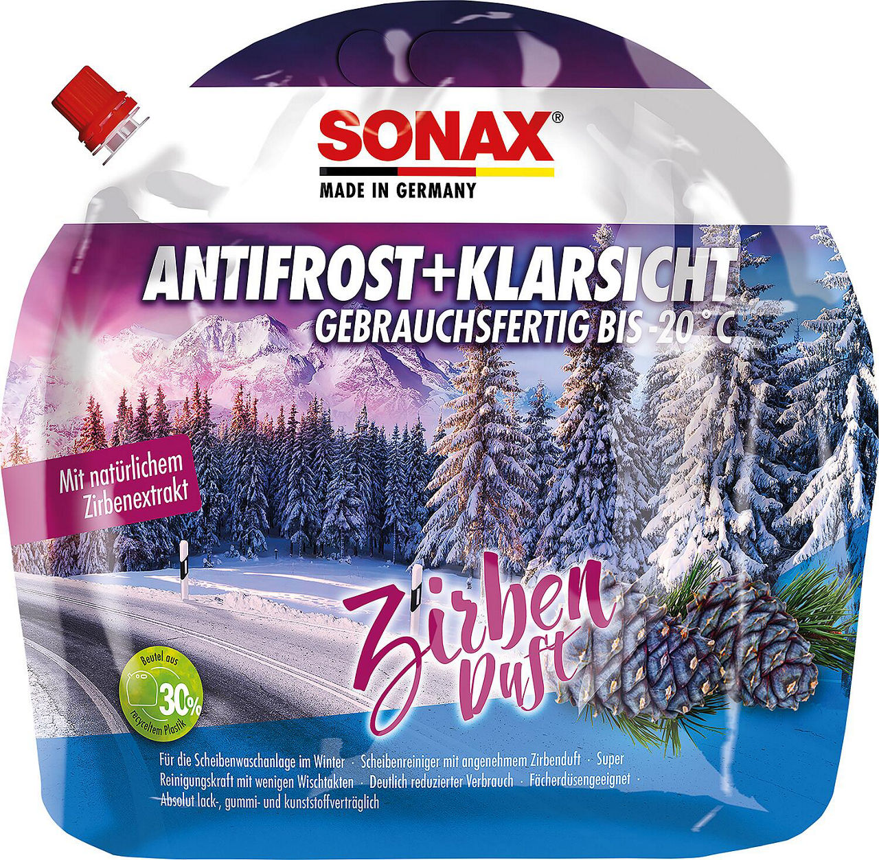 Winterscheibenreiniger SONAX AntiFrost + KlarSicht bis -20°C Zirbe 3l Standbodenbeutel Winterscheibenreiniger SONAX AntiFrost + KlarSicht bis -20°C Zirbe 3l Standbodenbeutel