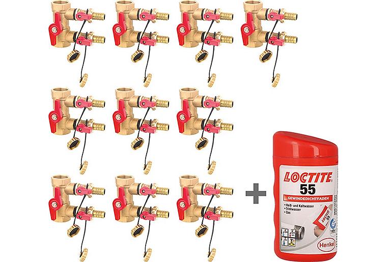 Vorteilspaket 10x Spül- und Befülleinheit DN 25 (1") IG 2xKFE 1/2" + gratis Gewindedichtfaden LOCTITE 55, 160m Vorteilspaket 10x Spül- und Befülleinheit DN 25 (1") IG 2xKFE 1/2" + gratis Gewindedichtfaden LOCTITE 55, 160m