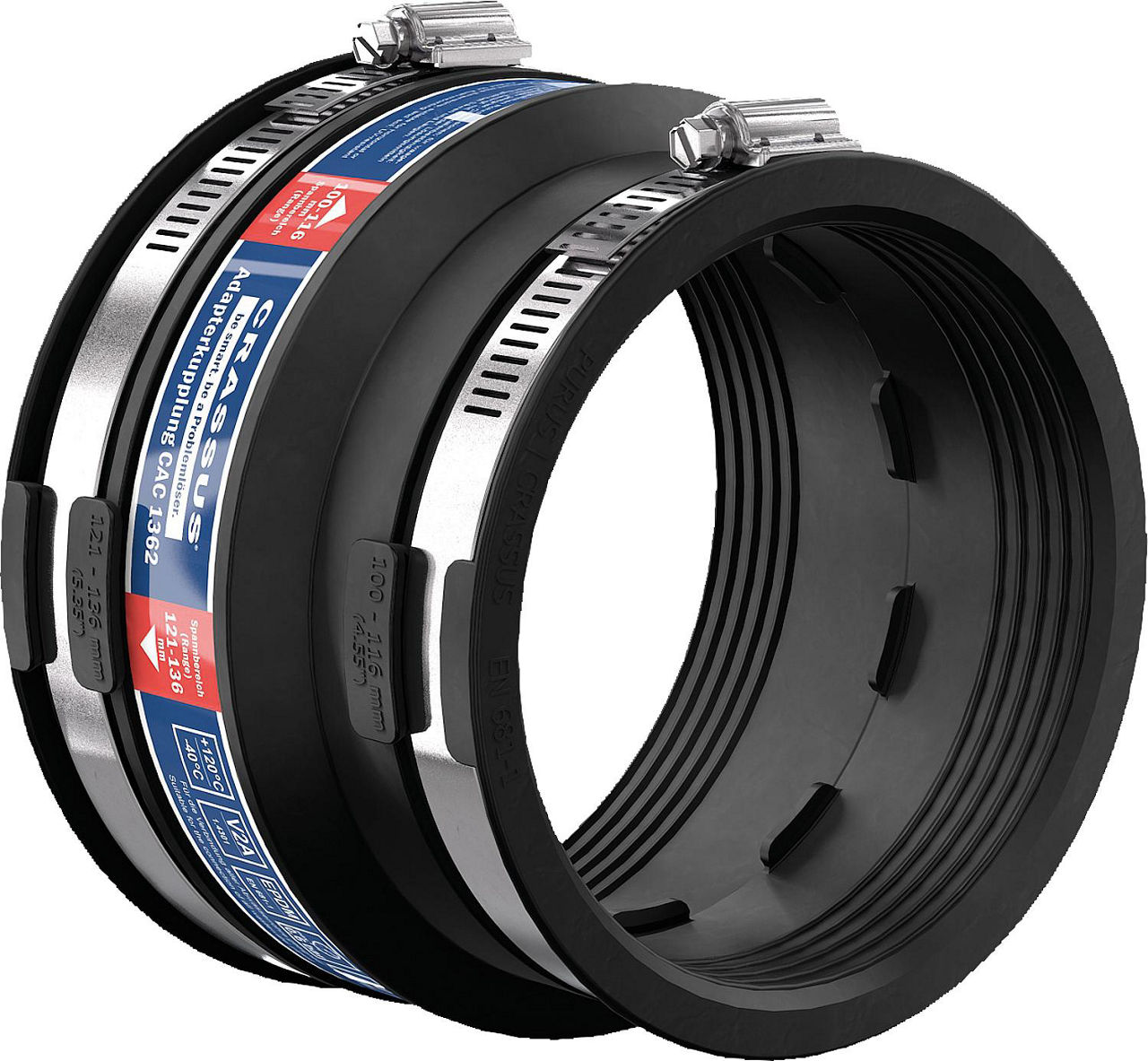 Adapterkupplung CAC 1362 Spannber. 121-136 x 100-116mm EPDM, PN 0,6 bar Adapterkupplung CAC 1362 Spannber. 121-136 x 100-116mm EPDM, PN 0,6 bar
