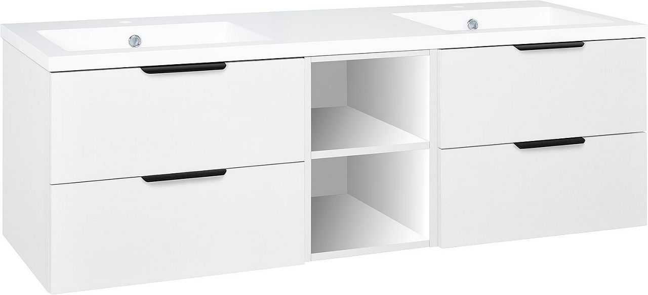 WTU + Mineralguss-WT LOSSA 4 Auszüge + 2 offene Regale weiß matt Breite 1550 mm